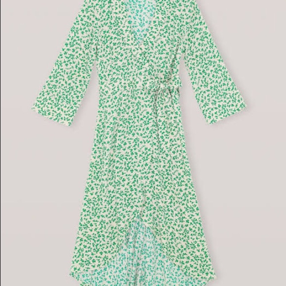 Ganni Printed Crepe Wrap Dress In Tapioca Floral - Picture 6 of 8